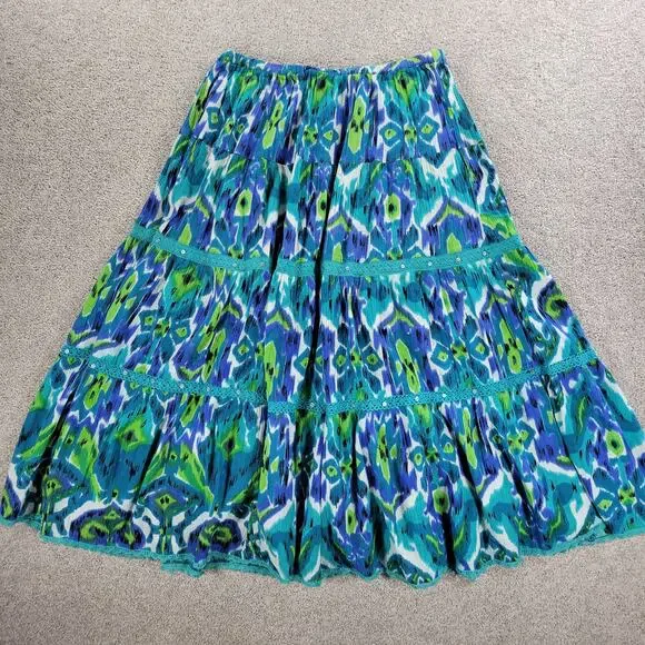 Vintage Notations A-line Skirt Womens L Blue Boho Watercolor Tiered Flowy Hippie - Picture 11 of 16